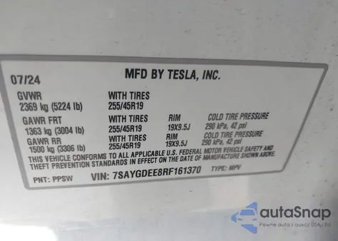 2024 Tesla Model Y from USA, damaged, VIN 7SAYGDEE8RF161370